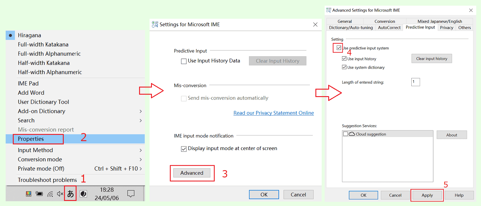 steps of how to disable Microsoft Japanese IME prediction window